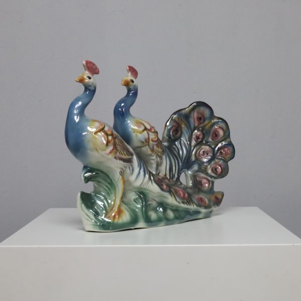 Italian Ceramic Sculpture with two Peacocks, 1960s hand-painted - Image 3